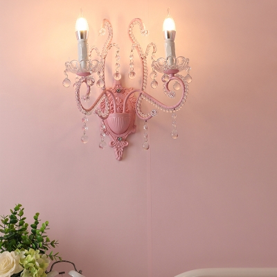 Pink 1/2 Lights Wall Mount Lamp Modern Style Crystal Candle Sconce Light Fixture for Bedroom