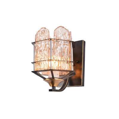 Rippled Glass Wall Light Fixture with Metal Cage Contemporary 1 Head Black Finish Flush Mount Wall Sconce