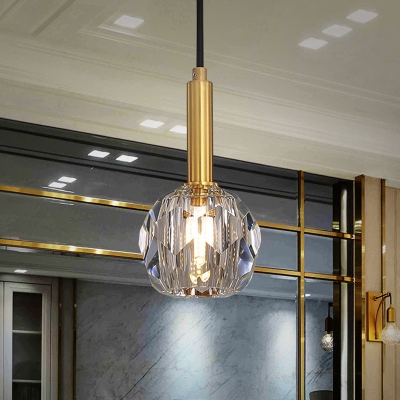 Simple Faceted Ball Pendant Clear Crystal 1-Light Dining Room Hanging Lamp Kit in Gold