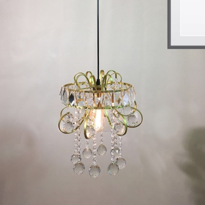 Simple Hoop Iron Mini Suspension Pendant Light 1 Light Gold Ceiling Light Fixture with Crystal Droplets