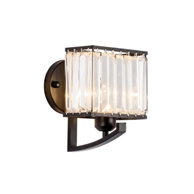 Square Sconce Lighting Modern Simple Faceted Clear Crystal 1 Bulb Wall Lamp in Matte Black Finish