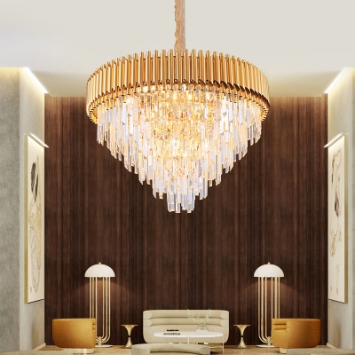 Tapered Bedroom Chandelier Lamp Crystal 9/12-Light Modernist Drop Pendant in Gold