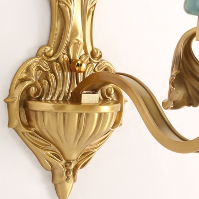1/2-Bulb Petal Wall Sconce Traditional Stylish Frosted Glass and Green Ceramic Wall Lighting in Gold