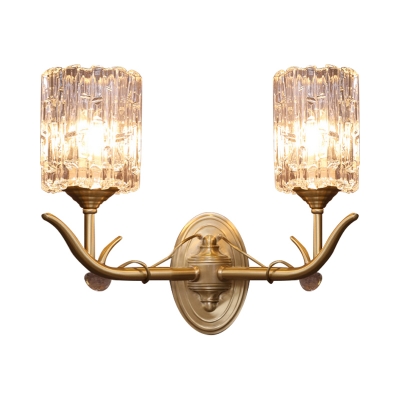 1/2-Head Corridor Wall Light Fixture Lodge Style Gold Finish Wall Sconce with Cylinder Clear Glass Shade