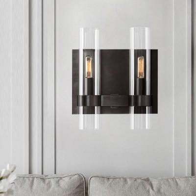 2 Heads Clear Glass Wall Sconce Modernist Symmetrical Tube Wall Light Fixture with Black/Brass Arm
