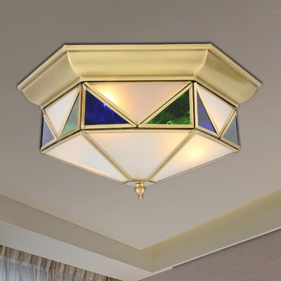 3-Light Opal/Seedy Glass Flush Light Colonialist Gold/Blue Faceted Bedroom Close to Ceiling Lighting