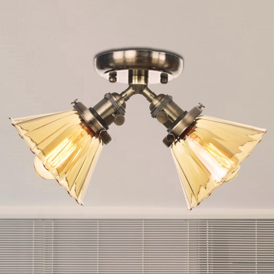 Amber/Clear Glass Cone Semi Mount Lighting Industrial Style 2 Lights Black/Bronze Ceiling Light Fixture for Indoor