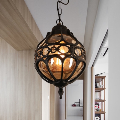 Black/Brass Orb Pendant Lighting Vintage Amber Glass 1 Light Restaurant Hanging Lamp with Cage