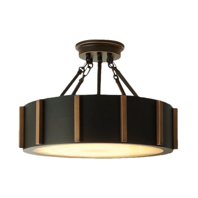 Black Drum Semi Flush Light Traditional Metallic LED Close to Ceiling Light Fixture in Warm Light