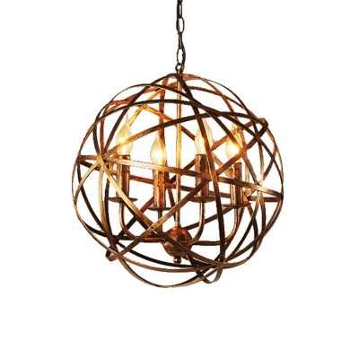 Brass 4 Lights Ceiling Pendant Vintage Metal Globe Chandelier Lighting for Dining Room