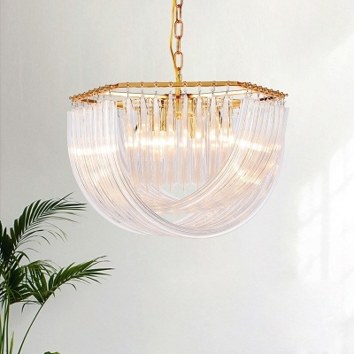 Brass Dome Chandelier Light Simple Style 4/6 Heads Curved Prism Glass Strip Hanging Lamp, 19.5