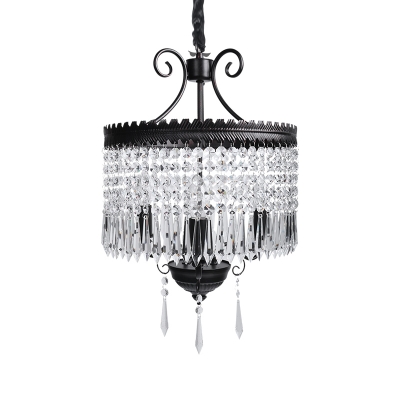 Clear Crystal Beaded Strand Pendant Light with Drum Shade Modernism 3 Lights Chandelier Lamp in Black