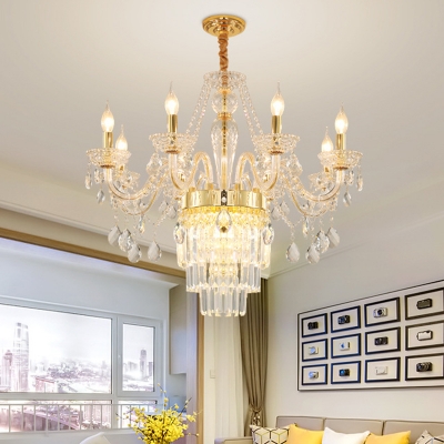 Clear Crystal Candle Chandelier Lamp Traditional 6 Heads Living Room Hanging Light in Gold/Chrome