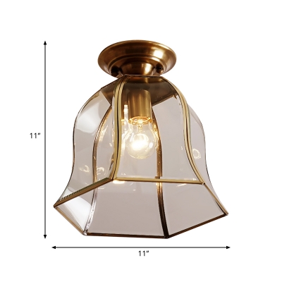 Colonialist Bell Ceiling Mounted Light 1 Bulb Clear Glass Flush Mount Light Fixture in Brass for Foyer