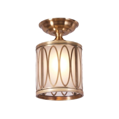 Colonialist Circle/Oval Ceiling Mounted Light 1 Bulb Opaline Glass Flush Mount Light Fixture in Brass