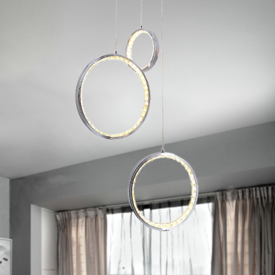 Crystal Round Cluster Pendant Light Modern LED Hanging Lamp in Chrome for Living Room, White/Warm Light