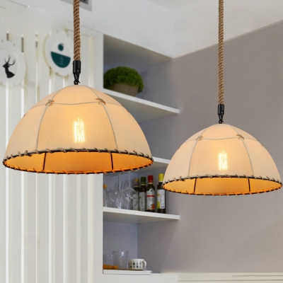 Domed Dining Room Hanging Light Kit Traditional Fabric 1 Light Beige Ceiling Suspension Lamp
