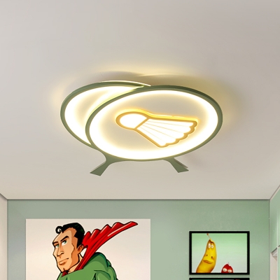 Green Racket Shade Flush Ceiling Light with Badminton Pattern Kids Acrylic LED Ceiling Lamp, Warm/White Light