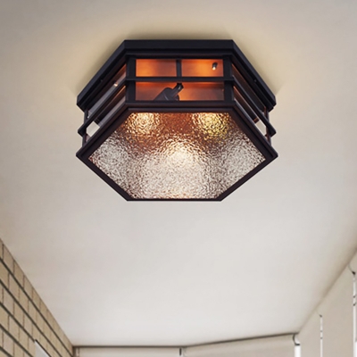 Hexagon Shaped Flushmount Lamp Vintage Metal and Frosted Glass 2/3 Lights Black Ceiling Lamp, 14