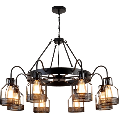 Industrial Cage Chandelier with Wheel 6/8 Lights Pendant Lamp in Black for Cottage Coffee Shop