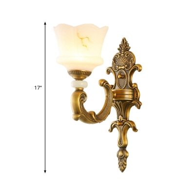 Milk Glass Floral Wall Lighting Traditional Style 1/2-Light Bedroom Wall Sconce Lamp with Brass Curved Arm