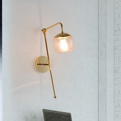 Modern Gooseneck Sconce Light 1 Bulb Brass Finish Wall Mount Lamp with Black/Clear Glass Shade
