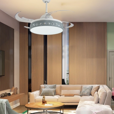 Nordic Style Drum LED Semi Mount Light Metallic 8 Blade Living Room Ceiling Mount Fan in White