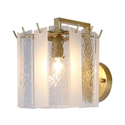 Postmodern Drum Wall Mounted Light Frosted Glass and Waterglass 1 Light Hallway Sconce Light in Gold