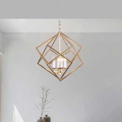 Prismatic/Rhombus Cage Shade Pendant Light Fixture Industrial Metal 4 Lights Suspension Light in Gold
