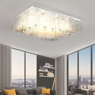 Rectangular Flush Mount Lighting Modern Crystal Rod LED Dining Room Ceiling Light Fixture in Nickel
