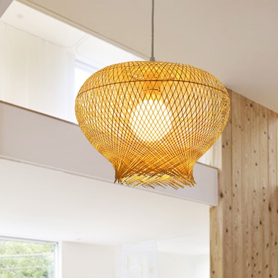 Single Light Dome Hanging Ceiling Light Bamboo Woven Dining Room Ceiling Pendant in Beige