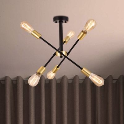 Sputnik Metallic Chandelier Lamp Mid-Century 6 Lights Black Finish Hanging Light Fixture with Exposed Bulb