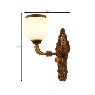 Vintage Stylish Drum Wall Mounted Lighting 1/2-Light Opal White Glass Wall Light in Brass for Living Room