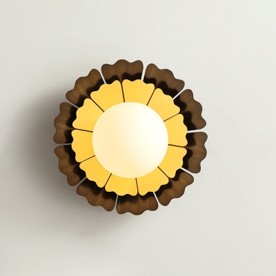 Yellow Sunflower Sconce Light Macaron 1-Light Metallic Wall Mount Lamp with Matte White Glass Ball Shade