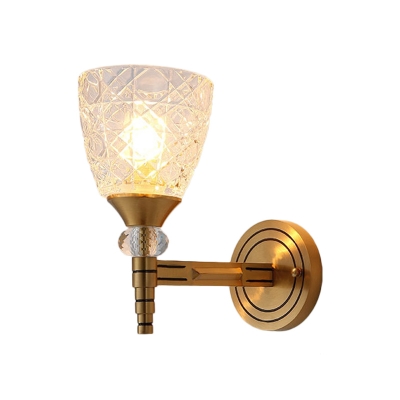 1/2-Bulb Lattice Glass Wall Lamp with Bowl Lampshade Loft Bedroom Wall Mount Light in Brass Finish