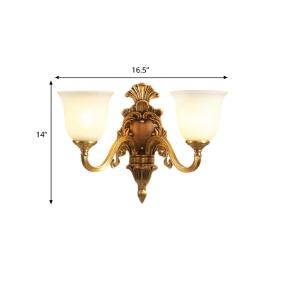 1/2-Bulb Wall Mount Lamp with Flared Shade Frosted Glass Vintage Stylish Bedroom Wall Lighting in Gold