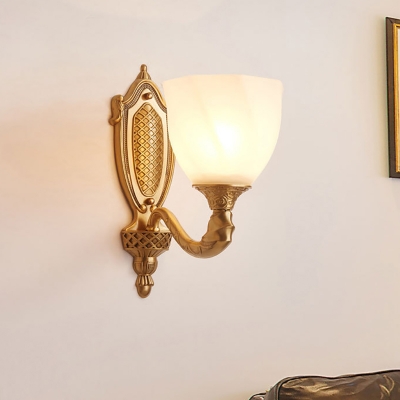1/2-Light Bowl Wall Light Fixture Colonial Style Milk Glass Wall Lighting with Gold Curved Arm for Living Room