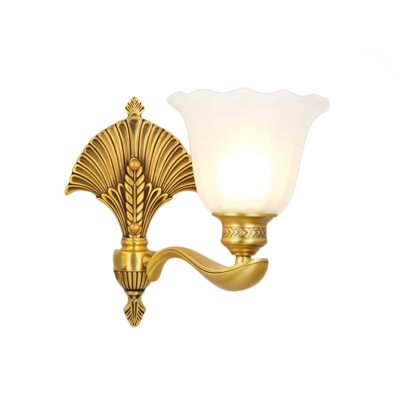 1/2-Light Scalloped Edge Wall Light Vintage Style White Glass Wall Lamp with Golden Backplate for Bedroom