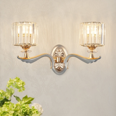1/2 Lights Cylinder Sconce Light with Clear Crystal Shade Modern Flush Mount Wall Sconce in Silver Finish