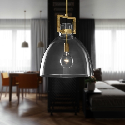 1 Head Dining Room Pendant Lighting Postmodern Brass Hanging Light Kit with Dome/Globe/Cone Clear Glass Shade, 12