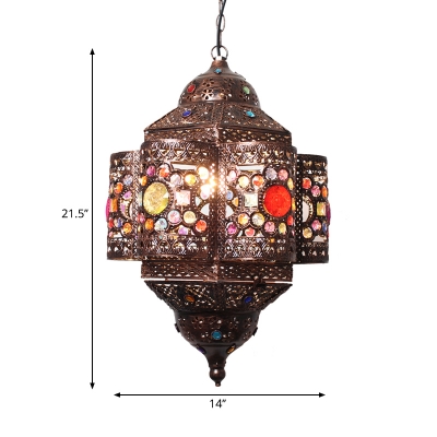 1 Light Carved Pendant Lamp with Crystal Accents Bohemia Metal Hanging Light in Copper