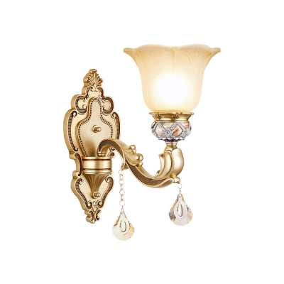 1 Light Petal Wall Mounted Lighting with Carved Arm Vintage White Glass Sconce Light in Gold Finish