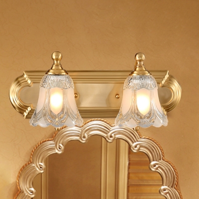 2 Lights Bathroom Vanity Sconce Light Vintage Style Golden Wall Lighting with Petal Clear Glass Shade, 18
