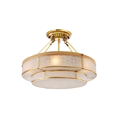 3 Bulbs Circle Ceiling Light Fixture Colonial Brass Satin Opal Glass Semi Flush Mount Lighting for Bedroom