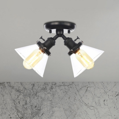 Amber/Clear Glass Conical Ceiling Mounted Light Antique Style 2 Bulbs Black/Bronze Semi Flush Ceiling Light
