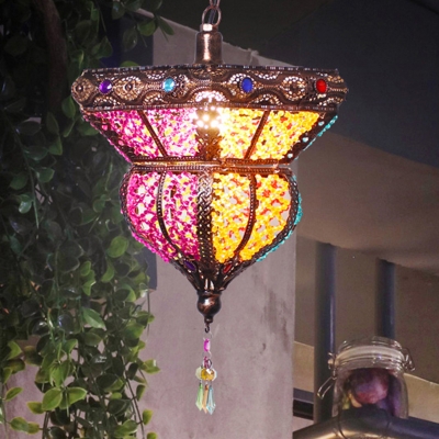 Antique Copper Lantern Hanging Light Metal Shade Bohemia Style Single Pendant Light for Restaurant