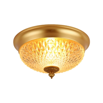 Brass 2 Heads Flush Mount Lamp Colonialism Ribbed Glass Bowl Ceiling Fixture for Foyer