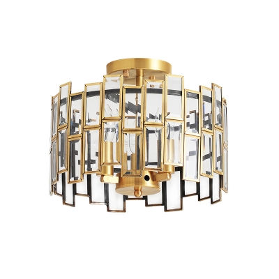 Drum Ceiling Light Fixture Modern Metal 3 Heads Ceiling Mounted Fixture with Crystal Block in Brass