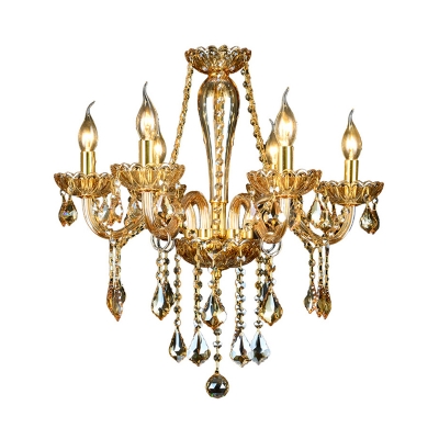 Gold Glass Candle Hanging Lamp Kit Traditional 6 Lights Living Room Chandelier Lighting with Crystal Drop