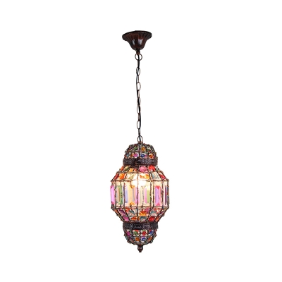 Lantern Pendant Lighting with Crystal Block and Bead Bohemia 1 Light Chandelier Light in Antique Copper